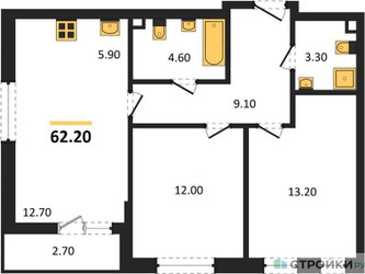Планировка двухкомнатной(квартира) площадью 62.2 квадратных метров в ЖК “ЖК Прокшино”