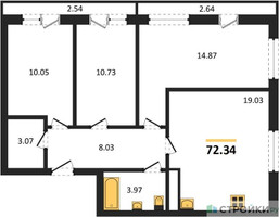 Планировка трехкомнатной(квартира) площадью 72.2 квадратных метров в “ЖК Южная Долина”