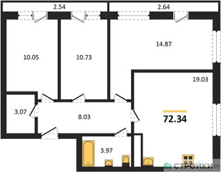 Планировка трехкомнатной(квартира) площадью 72.2 квадратных метров в ЖК “ЖК Южная Долина”