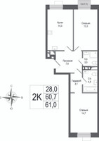 Планировка двухкомнатной(квартира) площадью 60.7 квадратных метров в “ЖК КИНОКВАРТАЛ”