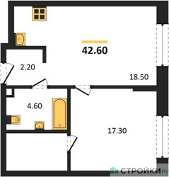 Планировка однокомнатной(квартира) площадью 42.6 квадратных метров в ЖК “ЖК "Коллекция"”