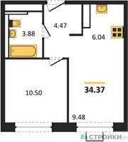 Планировка однокомнатной(квартира) площадью 34.37 квадратных метров в “ЖК Прибрежный Парк”