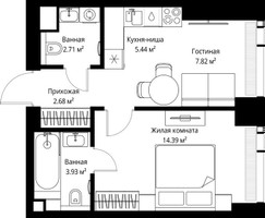 Планировка однокомнатной(квартира) площадью 36.97 квадратных метров в “ЖК Веер”