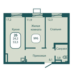 Планировка двухкомнатной(квартира) площадью 53.3 квадратных метров в “ЖК Андреевка Life (Андреевка Лайф)”