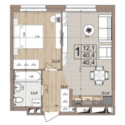 Планировка однокомнатной(квартира) площадью 40.4 квадратных метров в ЖК “ЖК Гранд Комфорт”