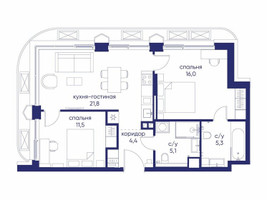 Планировка двухкомнатной(квартира) площадью 64.12 квадратных метров в “ЖК Остров”