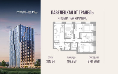 Планировка 4+ комнатной(квартира) площадью 103.3 квадратных метров в ЖК “ЖК Павелецкая от Гранель”