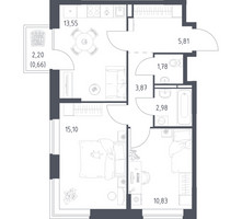 Планировка двухкомнатной(квартира) площадью 54.58 квадратных метров в “ЖК Богдановский Лес”