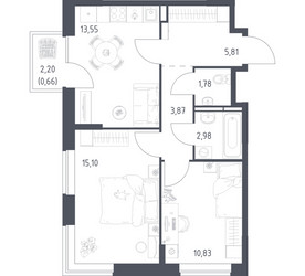 Планировка двухкомнатной(квартира) площадью 54.58 квадратных метров в ЖК “ЖК Богдановский Лес”