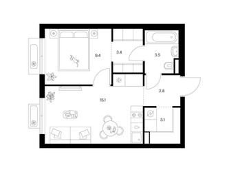 Планировка однокомнатной(квартира) площадью 37.3 квадратных метров в ЖК “ЖК Ильинские луга”