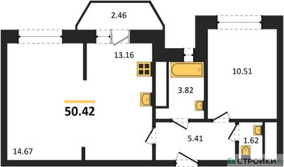 Планировка однокомнатной(квартира) площадью 50.42 квадратных метров в ЖК “ЖК ВОСТОК II”