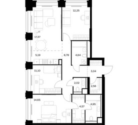 Планировка трехкомнатной(квартира) площадью 91.12 квадратных метров в ЖК “ЖК НОВА”