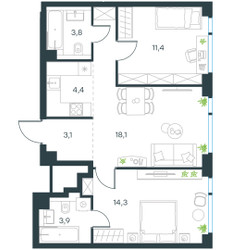 Планировка трехкомнатной(квартира) площадью 59 квадратных метров в ЖК “ЖК Левел Мичуринский”