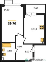 Планировка однокомнатной(квартира) площадью 39.7 квадратных метров в “ЖК Прокшино”