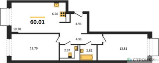 Планировка двухкомнатной(квартира) площадью 60.01 квадратных метров в “ЖК Томилино Парк”