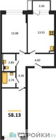 Планировка двухкомнатной(квартира) площадью 58.13 квадратных метров в “ЖК Новое Внуково”