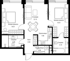 Планировка двухкомнатной(квартира) площадью 64.82 квадратных метров в “ЖК Сити Бэй”
