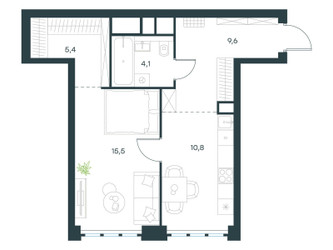 Планировка однокомнатной(квартира) площадью 45.4 квадратных метров в ЖК “ЖК Level Южнопортовая”