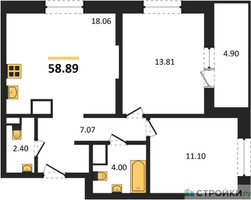 Планировка двухкомнатной(квартира) площадью 58.89 квадратных метров в “ЖК Светлый мир Станция Л”