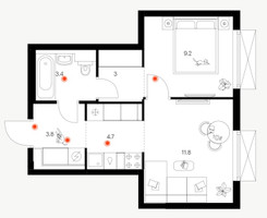 Планировка однокомнатной(квартира) площадью 35.9 квадратных метров в “ЖК Плеханова 11”