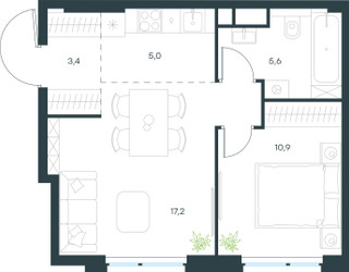 Планировка двухкомнатной(квартира) площадью 42.1 квадратных метров в ЖК “ЖК Левел Мичуринский”