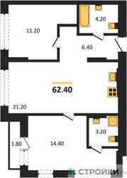 Планировка двухкомнатной(квартира) площадью 62.4 квадратных метров в ЖК “ЖК Первый квартал”