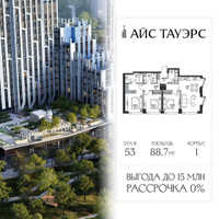Планировка трехкомнатной(квартира) площадью 88.7 квадратных метров в “ЖК Айс Тауэрс”