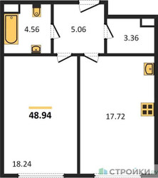 Планировка однокомнатной(квартира) площадью 48.94 квадратных метров в ЖК “Квартал Foriver”