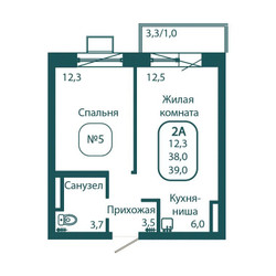 Планировка однокомнатной(квартира) площадью 39 квадратных метров в “ЖК Андреевка Life (Андреевка Лайф)”