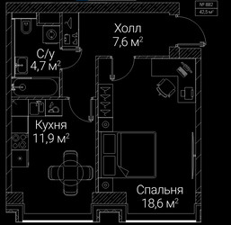 Планировка однокомнатной(квартира) площадью 42.5 квадратных метров в ЖК “ЖК СЕЗАР БУДУЩЕЕ”