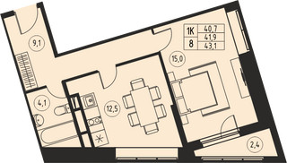 Планировка однокомнатной(квартира) площадью 41.9 квадратных метров в “ЖК Ривер-Парк”
