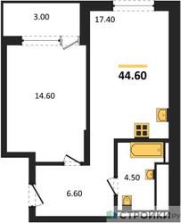 Планировка однокомнатной(квартира) площадью 44.6 квадратных метров в ЖК “ЖК Символ”