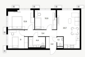 Планировка трехкомнатной(квартира) площадью 68.1 квадратных метров в “ЖК Восточное Бутово”
