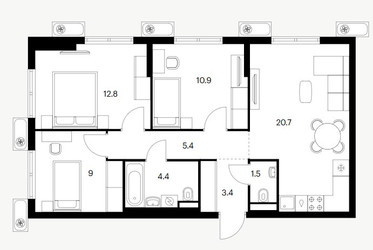 Планировка трехкомнатной(квартира) площадью 68.1 квадратных метров в ЖК “ЖК Восточное Бутово”