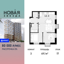 Планировка трехкомнатной(квартира) площадью 49.1 квадратных метров в ЖК “ЖК Новая Звезда (Газопровод)”