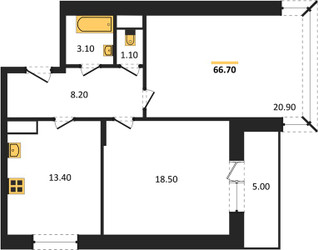 Планировка двухкомнатной(квартира) площадью 66.7 квадратных метров в ЖК “ЖК Эдельвейс (Первомайское)”
