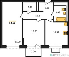 Планировка двухкомнатной(квартира) площадью 52.53 квадратных метров в “ЖК Богдановский Лес”