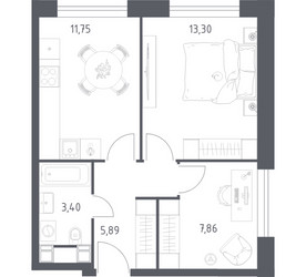 Планировка двухкомнатной(апартаменты) площадью 42.2 квадратных метров в ЖК “ЖК Пятницкое 58 (Перец)”