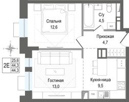 Планировка двухкомнатной(квартира) площадью 44.3 квадратных метров в “ЖК КИНОКВАРТАЛ”
