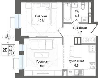 Планировка двухкомнатной(квартира) площадью 44.3 квадратных метров в ЖК “ЖК КИНОКВАРТАЛ”