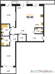 Планировка двухкомнатной(квартира) площадью 90.9 квадратных метров в ЖК “ЖК Дзен-кварталы”