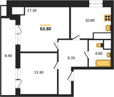 Планировка двухкомнатной(квартира) площадью 63.8 квадратных метров в “ЖК Парк Легенд 2”