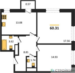 Планировка двухкомнатной(квартира) площадью 59.9 квадратных метров в ЖК “ЖК Self (Селф)”