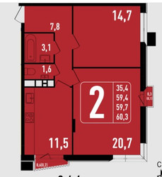 Планировка двухкомнатной(квартира) площадью 59.7 квадратных метров в ЖК “ЖК Фрунзенский”