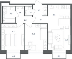 Планировка трехкомнатной(квартира) площадью 58.3 квадратных метров в “ЖК Равновесие”