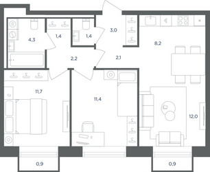 Планировка трехкомнатной(квартира) площадью 58.3 квадратных метров в ЖК “ЖК Равновесие”