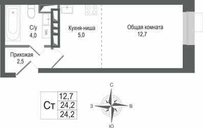 Планировка студии(квартира) площадью 24.2 квадратных метров в ЖК “ЖК КИНОКВАРТАЛ”