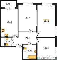 Планировка трехкомнатной(квартира) площадью 69.45 квадратных метров в “ЖК Светлый мир БиоПолис”