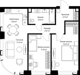 Планировка двухкомнатной(квартира) площадью 62.1 квадратных метров в ЖК “ЖК Веер”