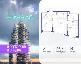 Планировка двухкомнатной(квартира) площадью 73.7 квадратных метров в ЖК “ЖК Начало”
